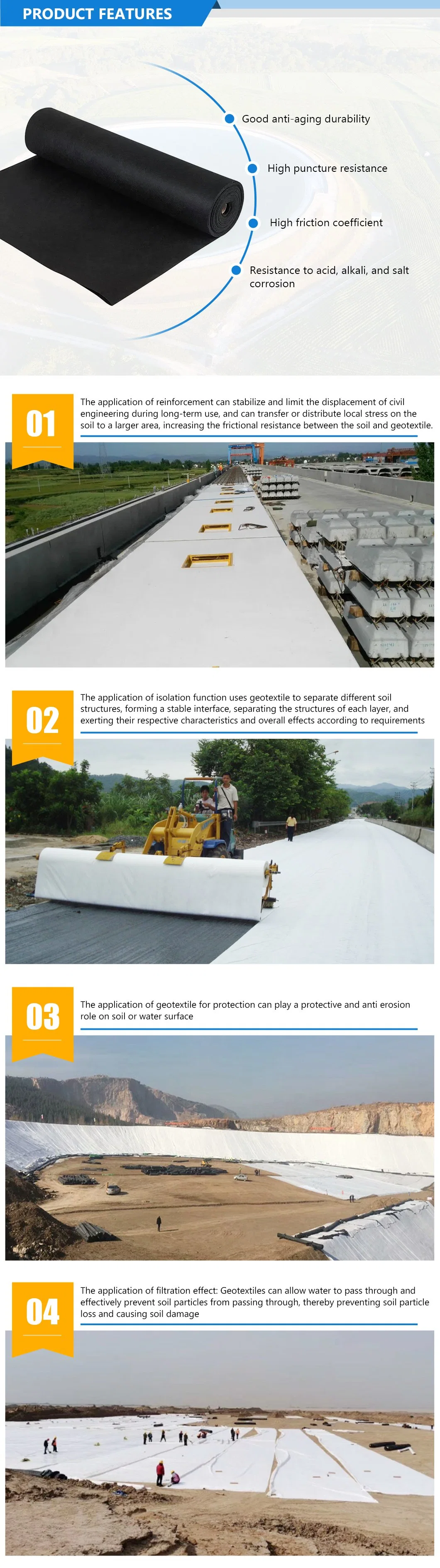 PP Polypropylene/Polyester Staple/Short Fiber Non Woven Geotextile Manufacturer for Filtration and Anti-Seepage for Sewage Treatment Plant, Landfill Plant, Poll